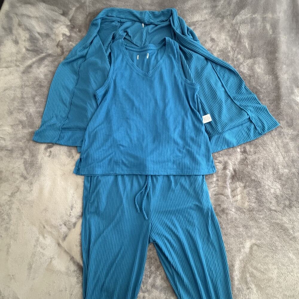Blue 3-Piece Knit Outfit Set - Tank, Pants, Cardigan, Size L, Polyester Spandex